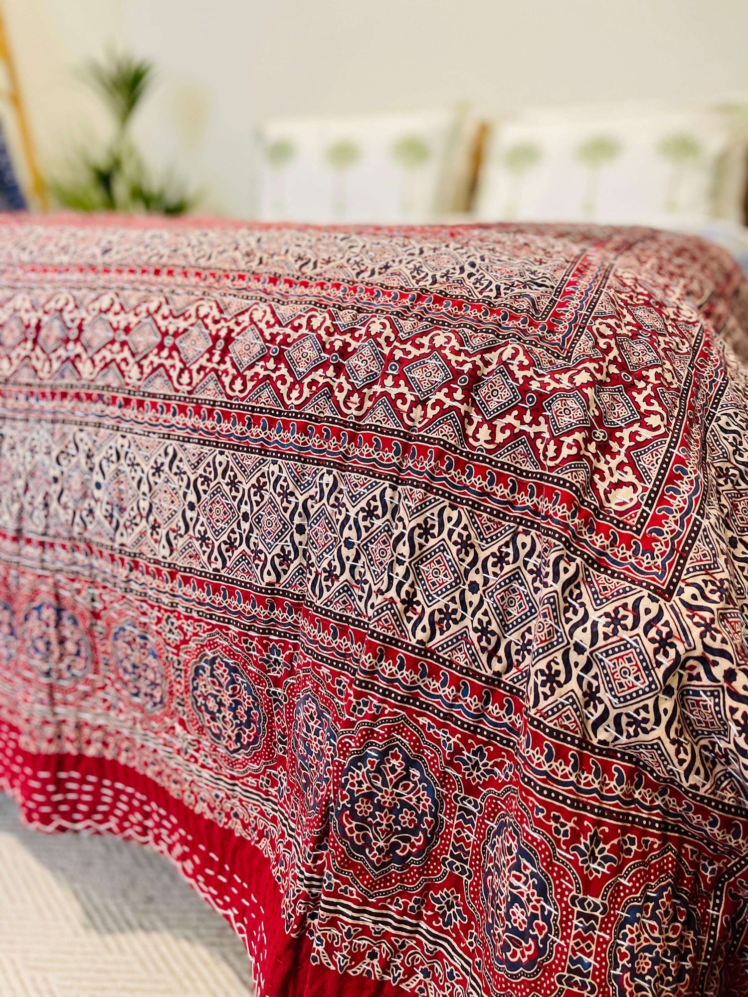 Ajrak Cotton Kantha Quilt/ Bedspread/ Coverlet Hand block print - Rooii by Tuvisha