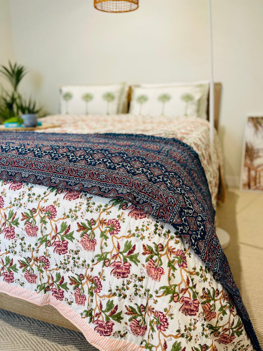 Royal Ajrak Indigo Cotton Kantha Quilt/ Bedspread/ Coverlet Hand block print - Rooii by Tuvisha