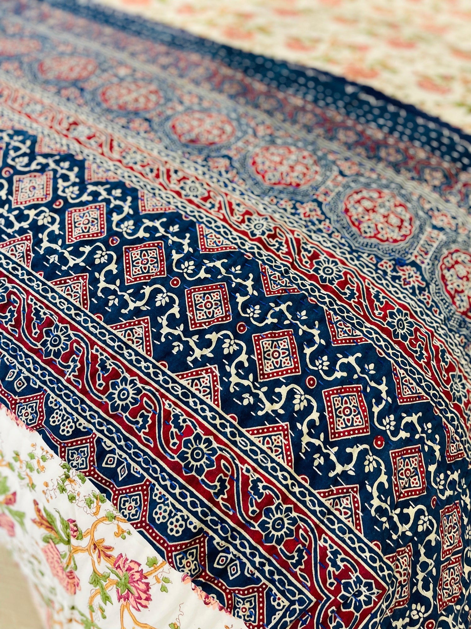 Royal Ajrak Indigo Cotton Kantha Quilt/ Bedspread/ Coverlet Hand block print - Rooii by Tuvisha