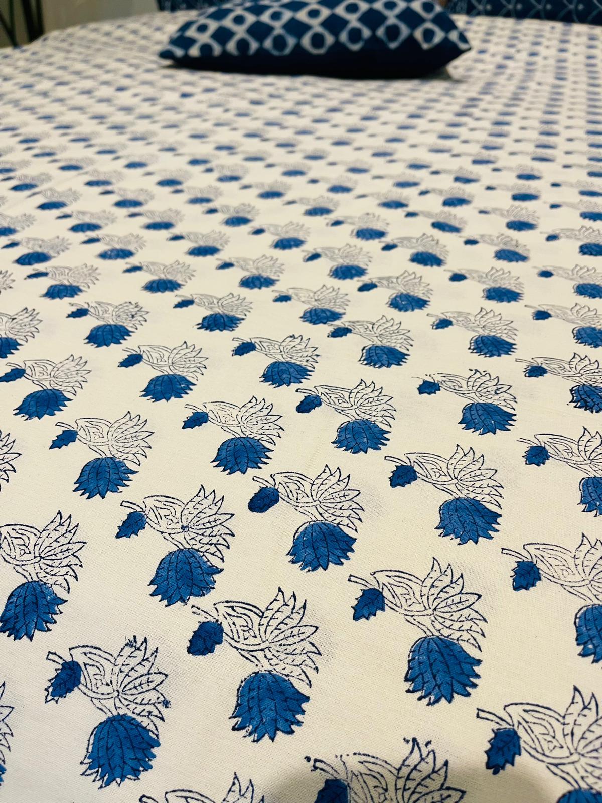 Blue Floral Cotton Quilt cover Hand Block print - Rooii by Tuvisha