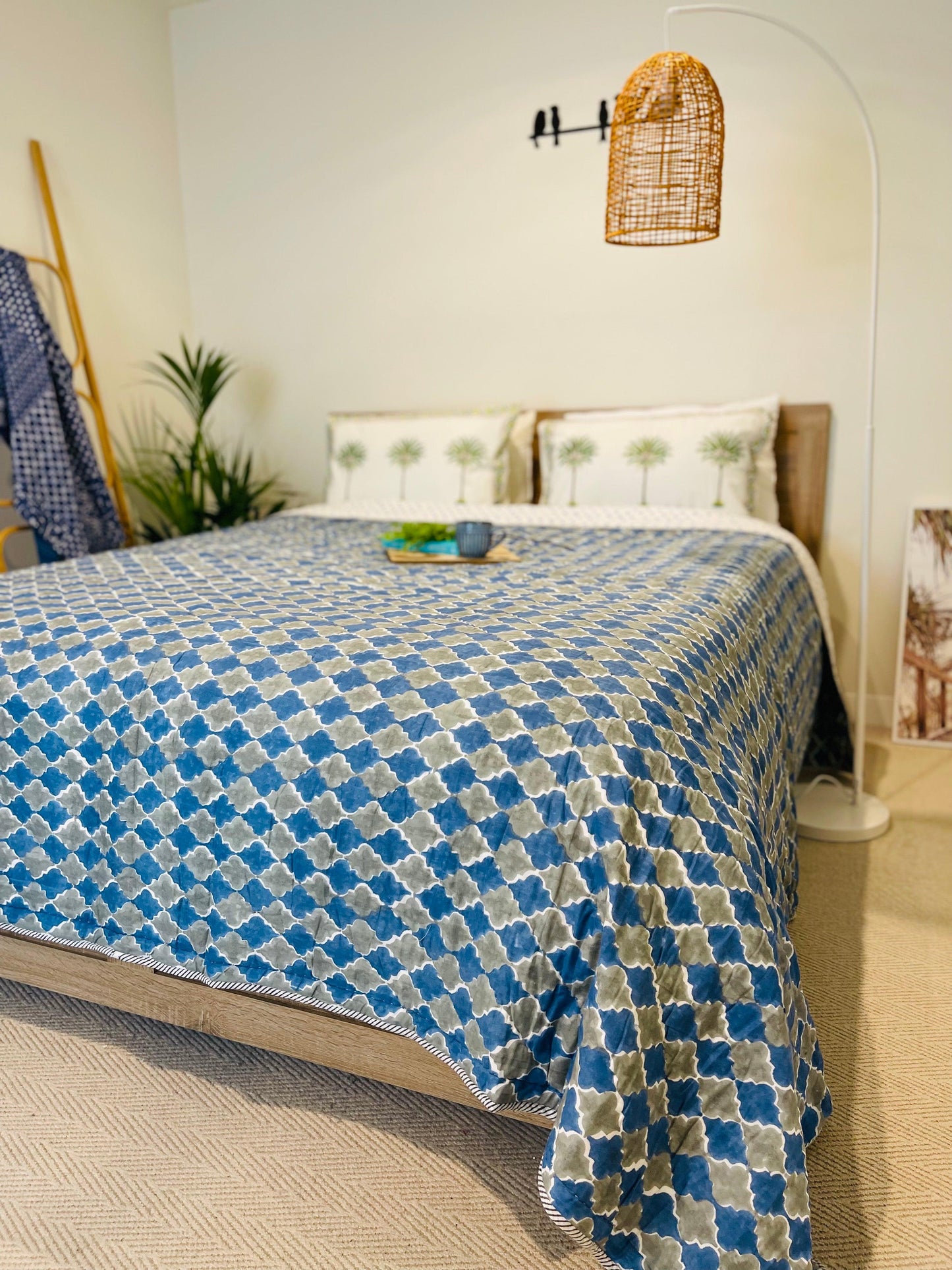 Blue grey pattern cotton filled quilt / Indian cotton Bedspread/ Quilted bedspreads/ coverlets australia