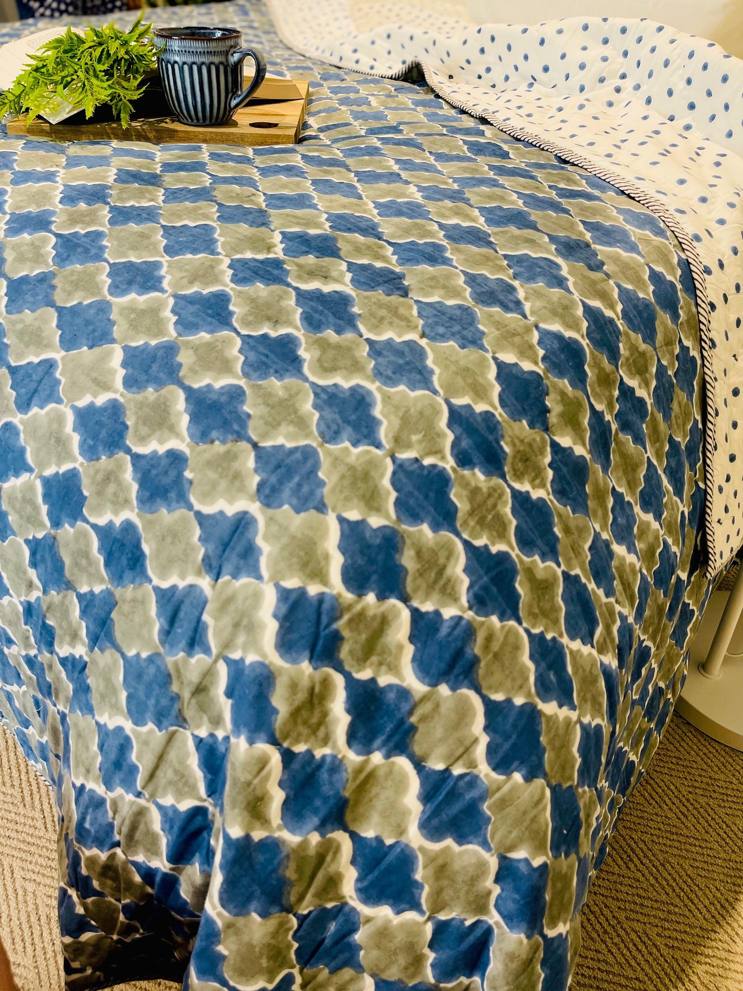 Blue Grey Pattern Cotton filled Quilt/ Bedspread Hand block print - Rooii by Tuvisha