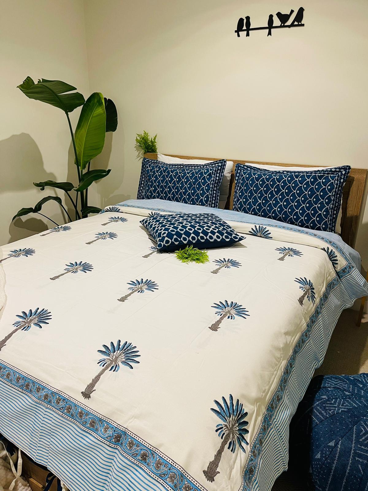 Blue Palm Tree Cotton Quilt cover Hand block print - Rooii by Tuvisha