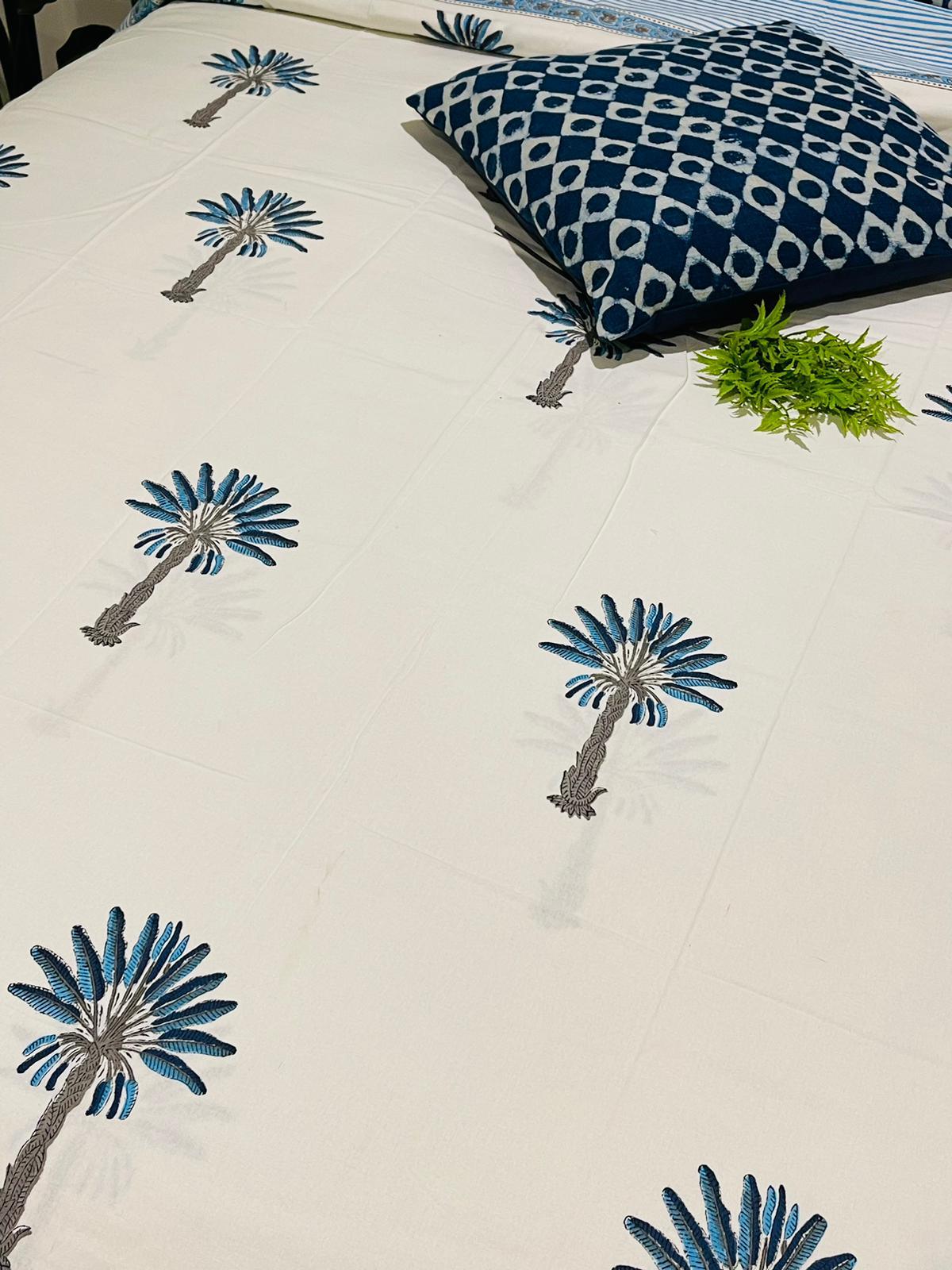 Blue Palm Tree Cotton Quilt cover Hand block print - Rooii by Tuvisha