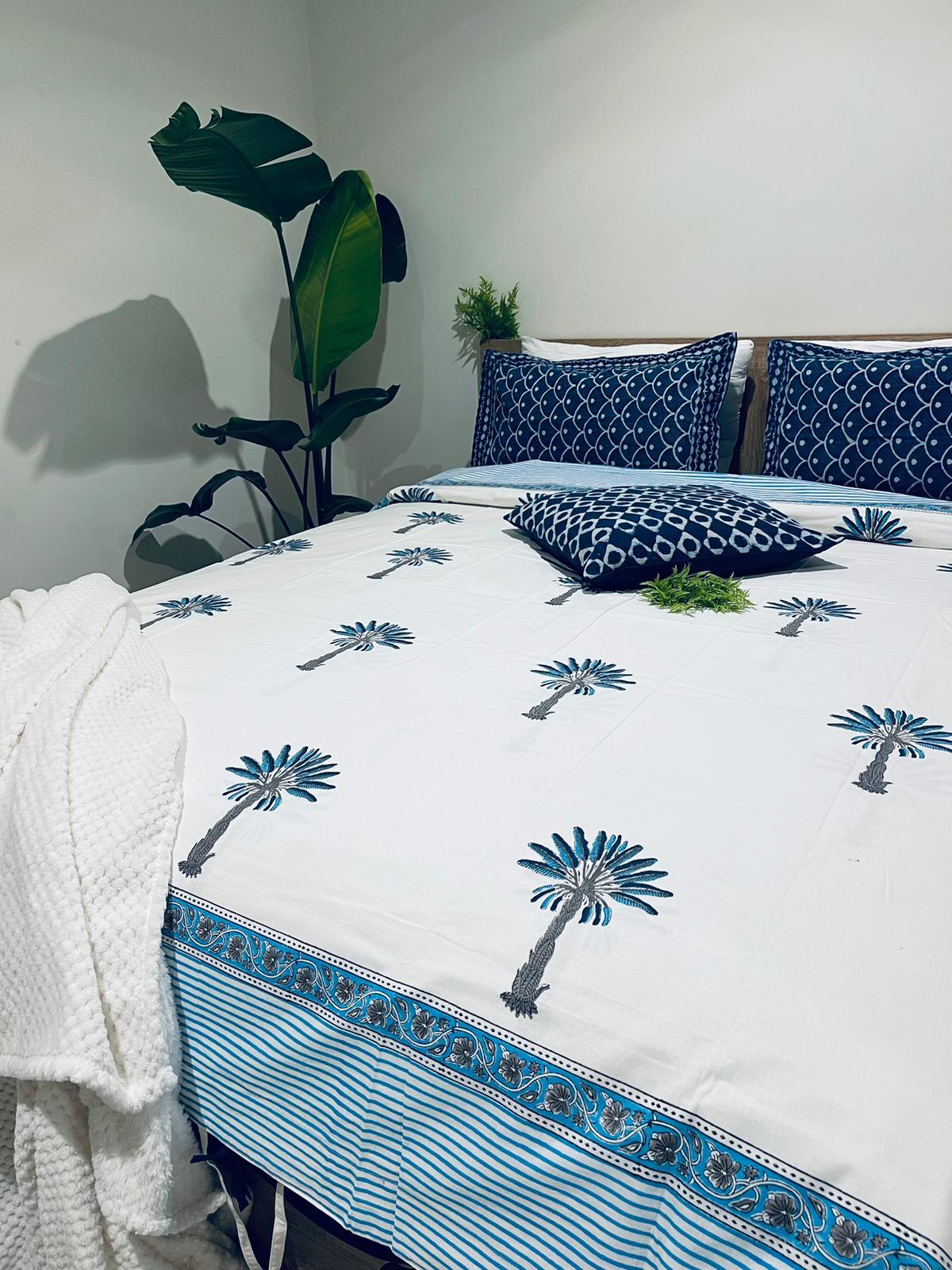 Blue Palm Tree Cotton Quilt cover Hand block print - Rooii by Tuvisha