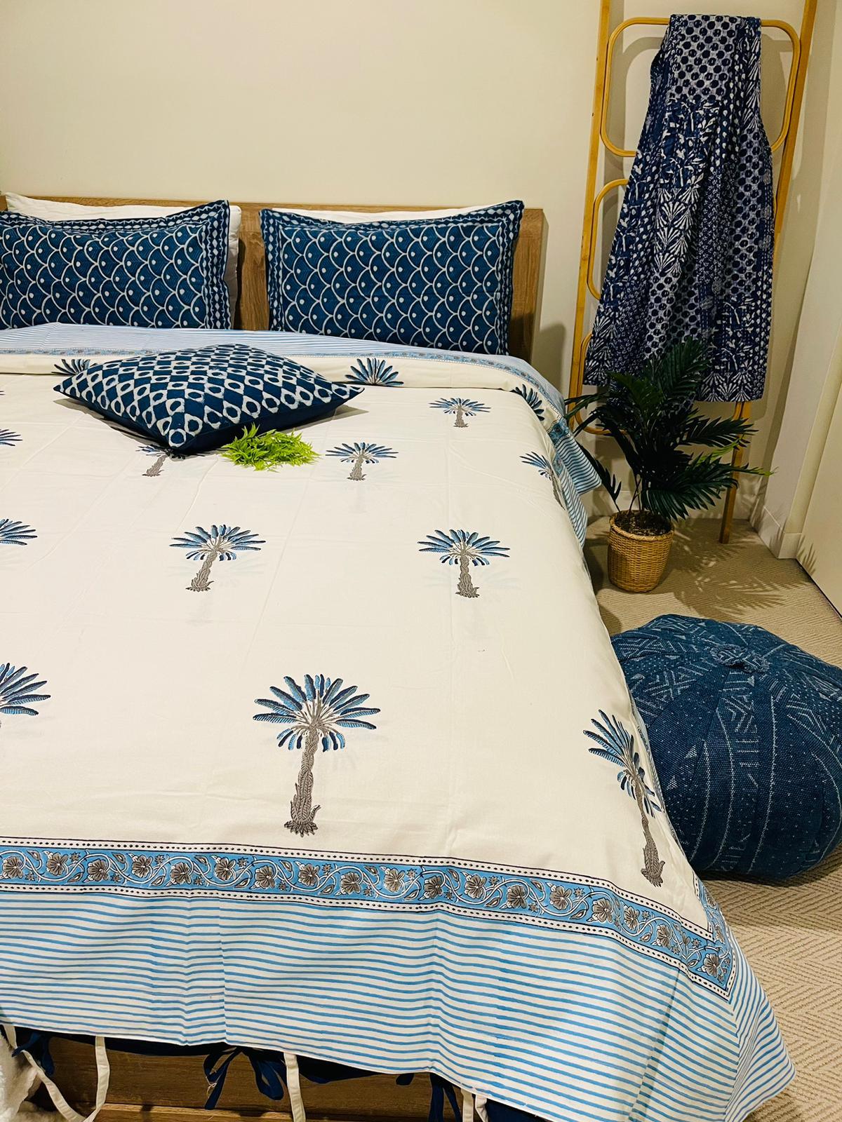 Blue Palm Tree Cotton Quilt cover Hand block print - Rooii by Tuvisha