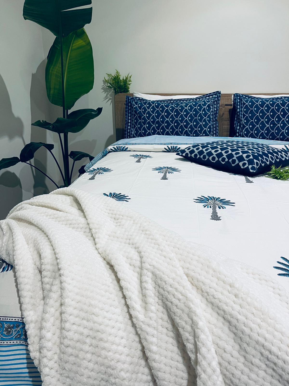 Blue Palm Tree Cotton Quilt cover Hand block print - Rooii by Tuvisha