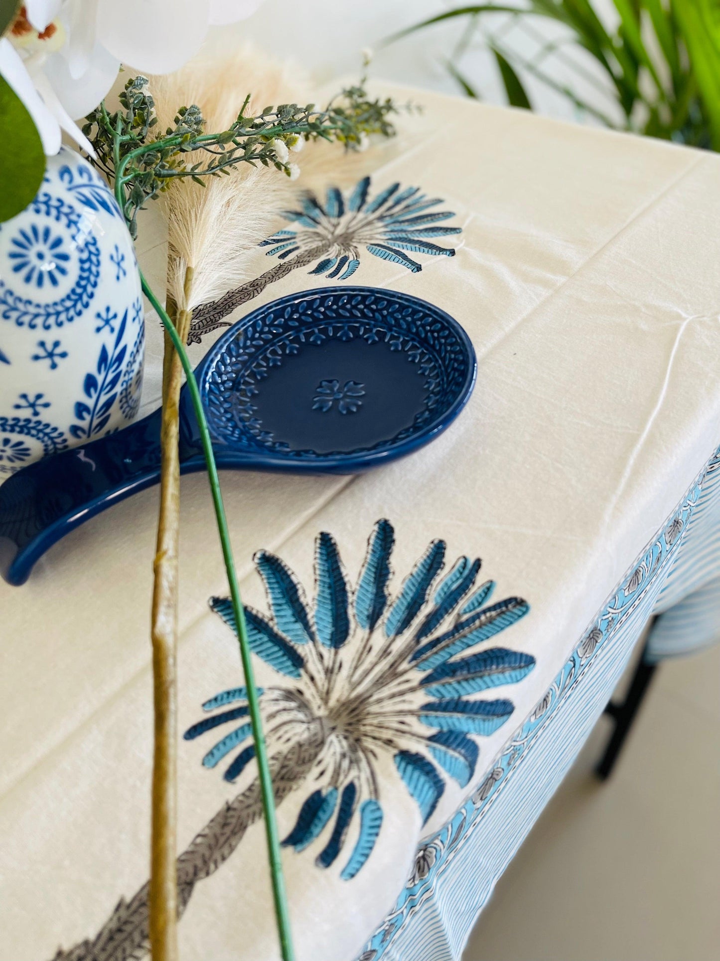 Blue Palm Tree Cotton Table cloth Hand Block print - Rooii by Tuvisha