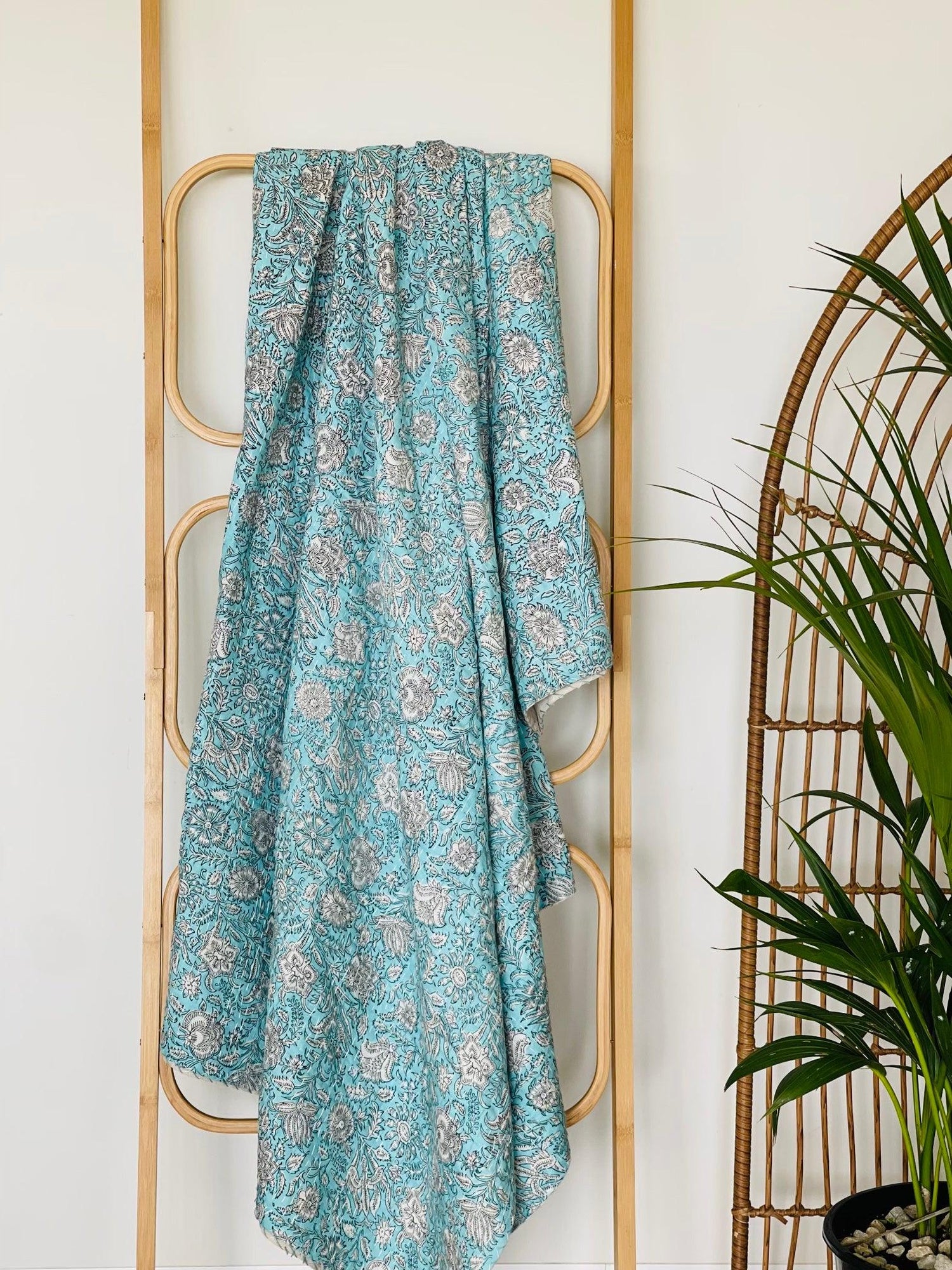 Blue Pastel Floral Cotton Kantha Quilt: Cozy Elegance for Your Home - Rooii by Tuvisha