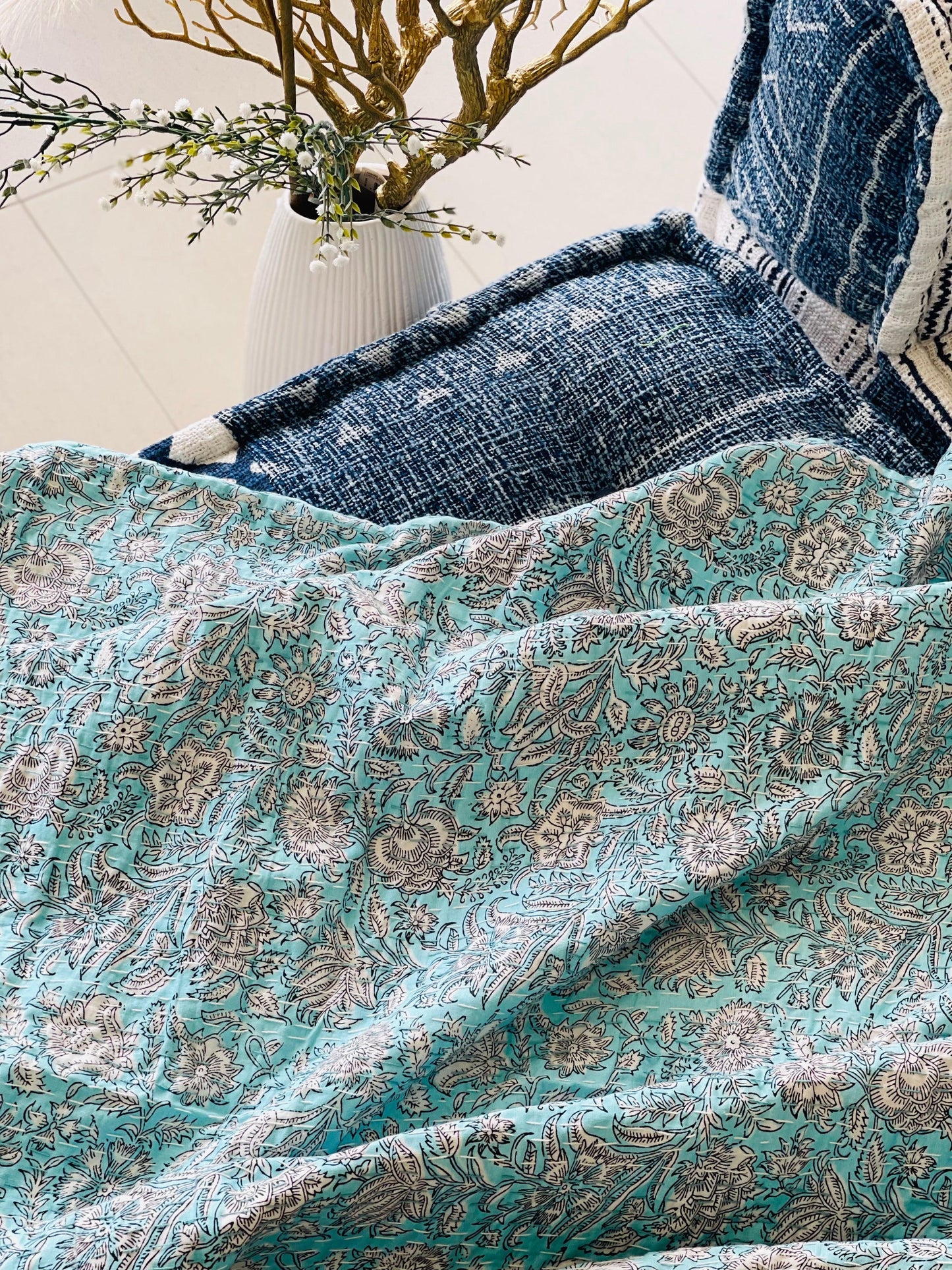 Blue Pastel Floral Cotton Kantha Quilt: Cozy Elegance for Your Home - Rooii by Tuvisha