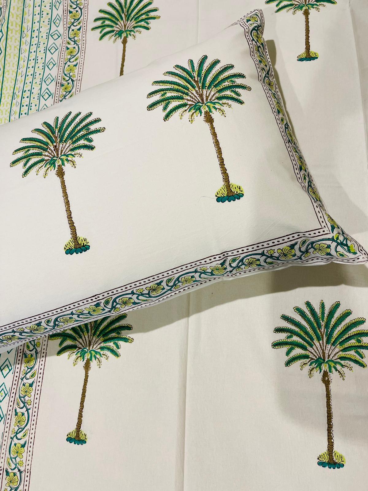 Green Palm Tree Cotton Flat sheet/Bedsheet Hand Block Print Queen - Rooii by Tuvisha