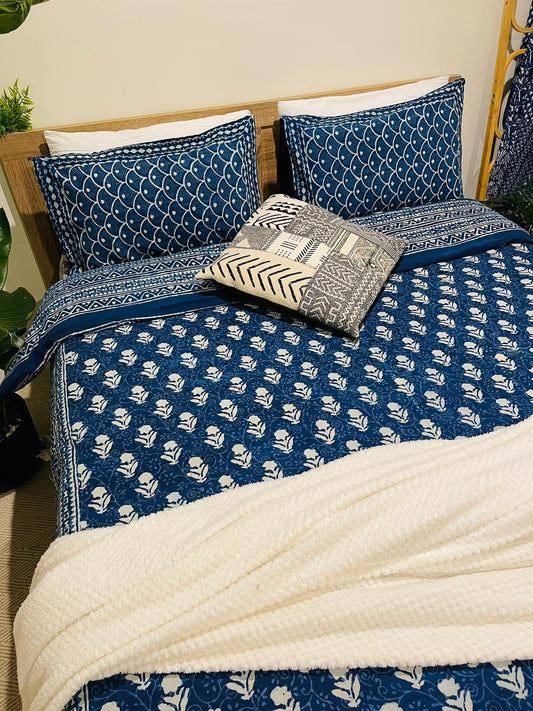 Cotton Quilt cover - Royal Floral Indigo Hand block printed Quilt cover - Rooii by Tuvisha