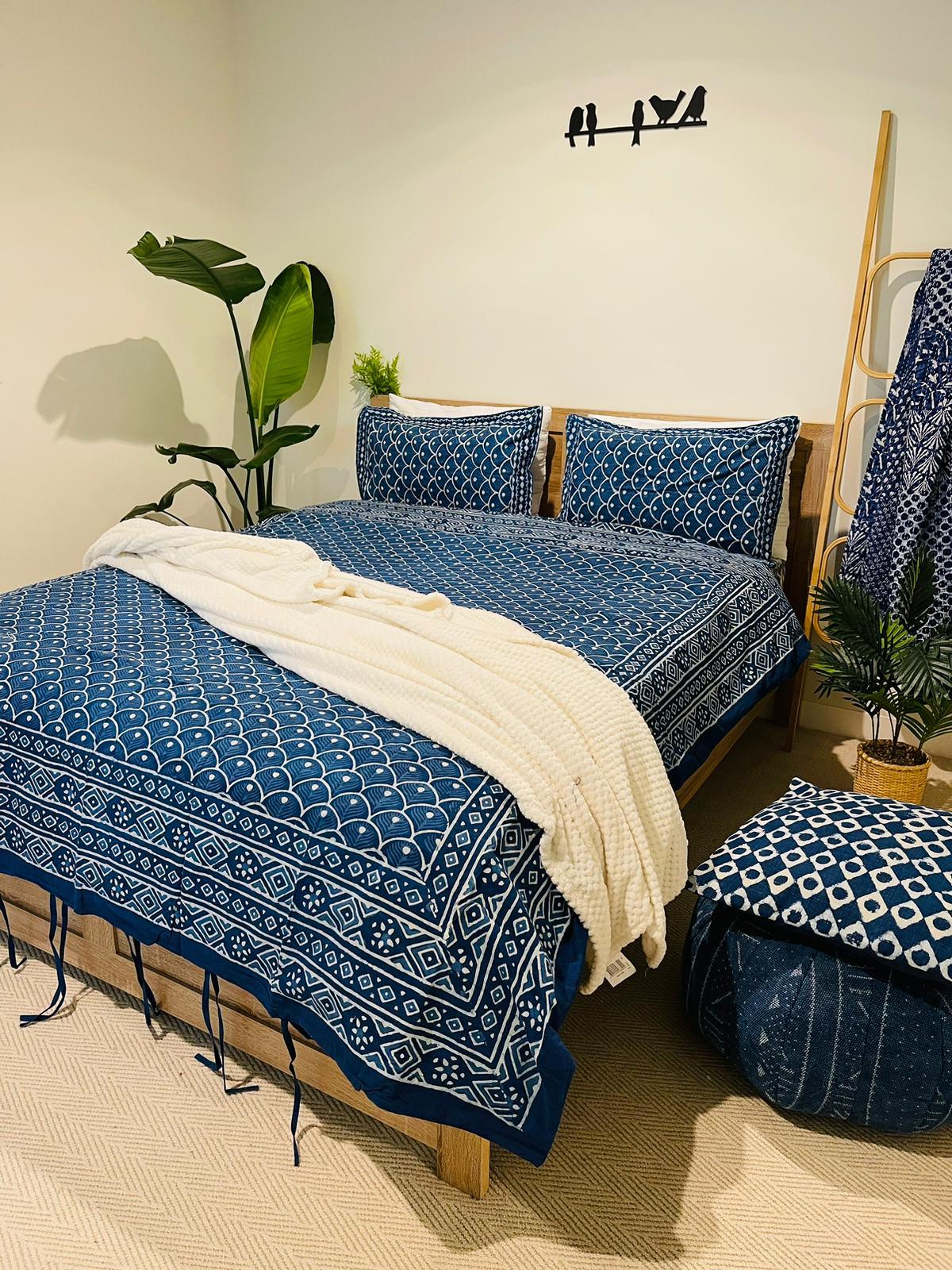 Cotton Quilt cover Royal Indigo Hand Block print - Rooii by Tuvisha