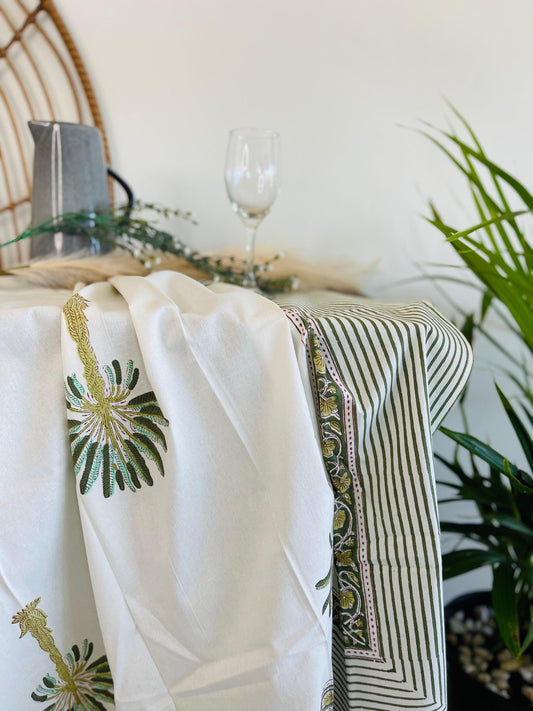 Green Palm tree Cotton Table cloth Hand block print - Rooii by Tuvisha