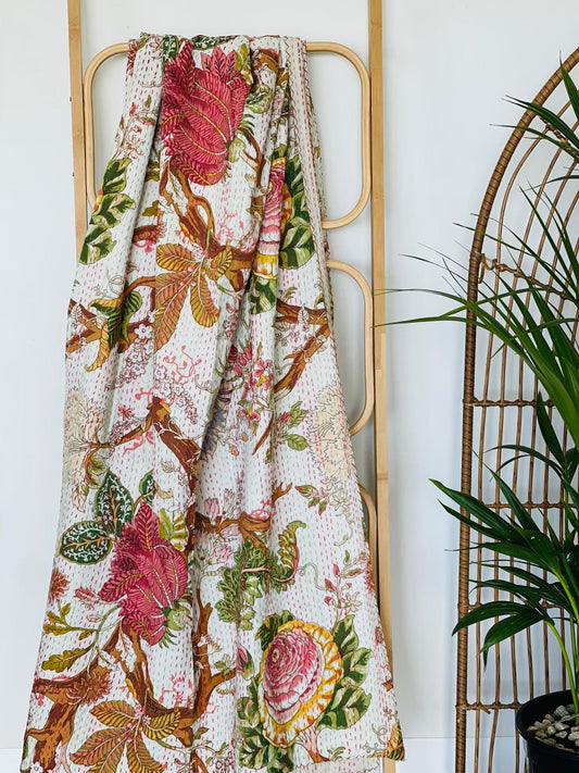 Floral Cotton Kantha Quilt: Artisan Crafted Bedspread & Blanket - Rooii by Tuvisha