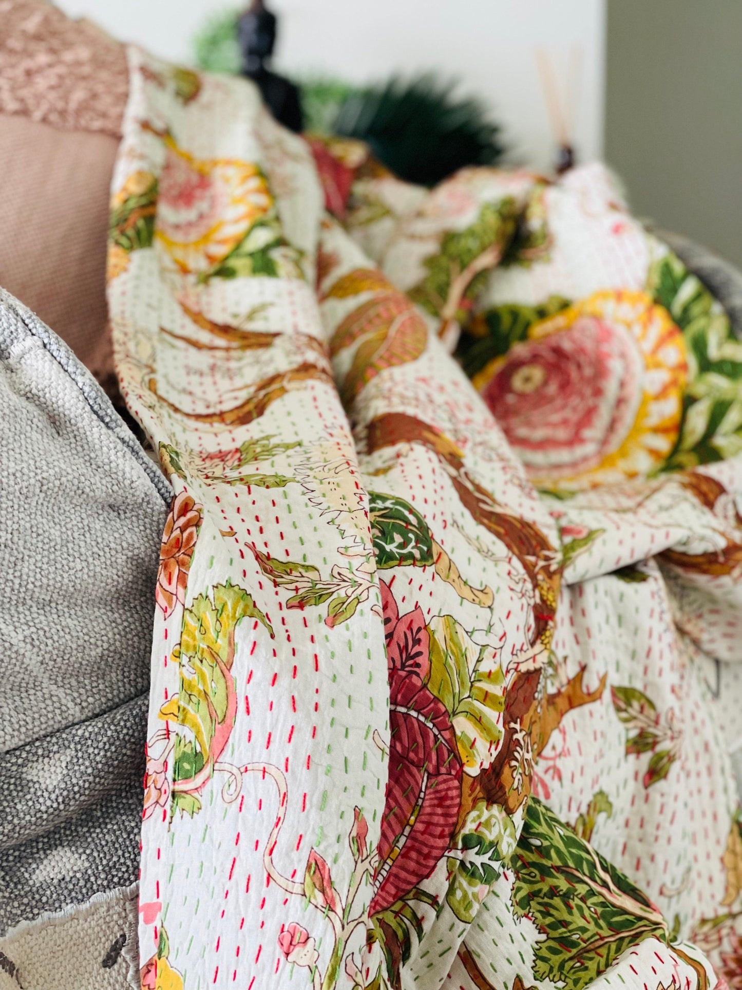 Floral Cotton Kantha Quilt: Artisan Crafted Bedspread & Blanket - Rooii by Tuvisha