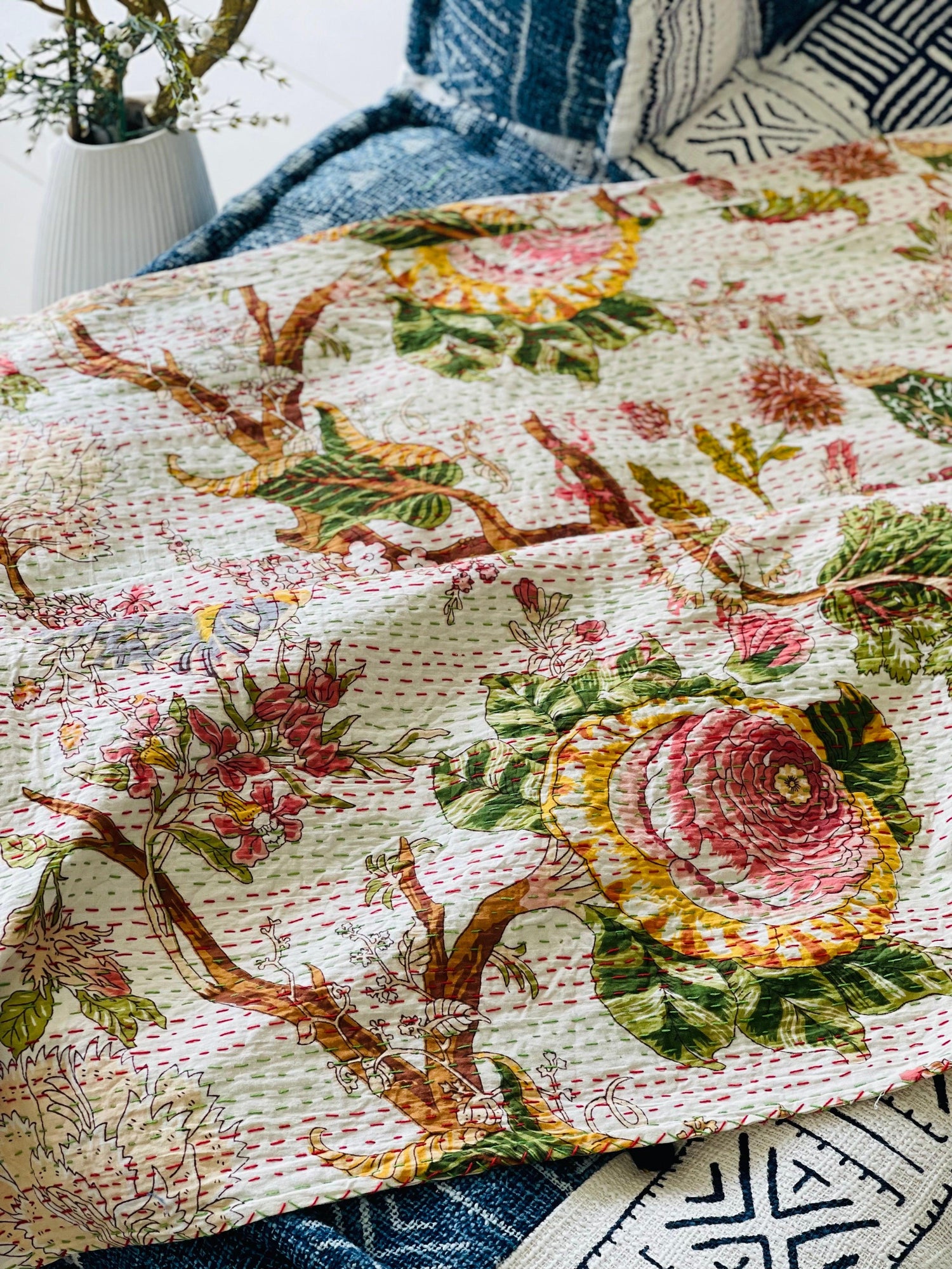 Floral Cotton Kantha Quilt: Artisan Crafted Bedspread & Blanket - Rooii by Tuvisha