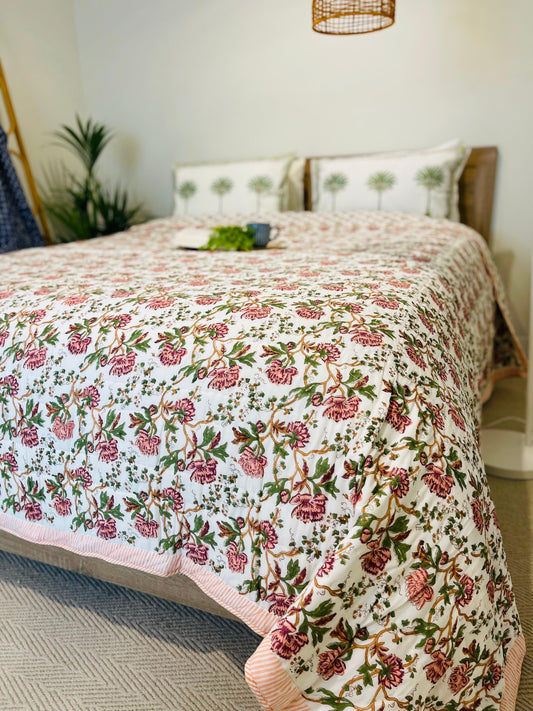Floral Pink Cotton Filled Quilt/ Bedspread Hand block print - Rooii by Tuvisha