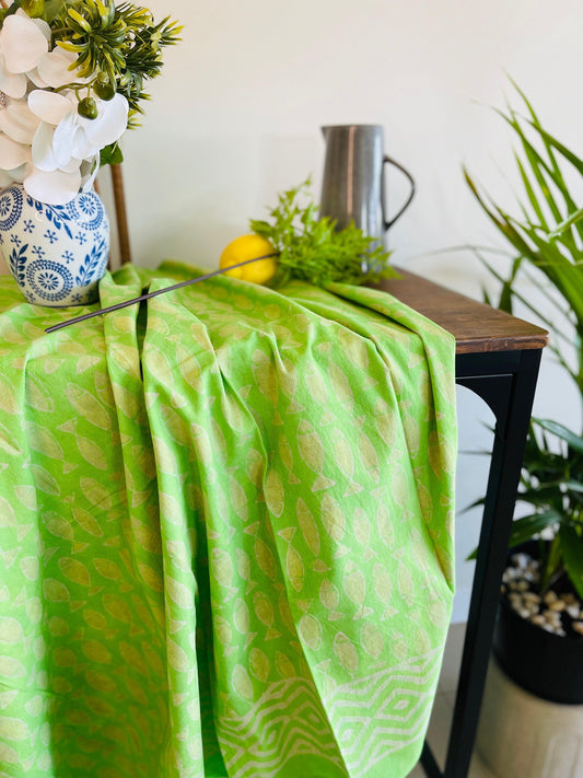 Green Fish Cotton Table cloth Hand Block print - Rooii by Tuvisha
