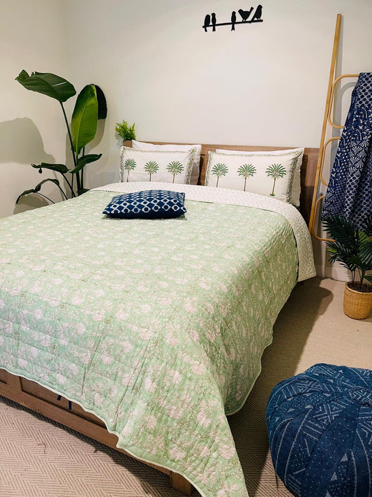 Green Floral Cotton Filled Quilt/Bedspread Hand Block Print - Rooii by Tuvisha