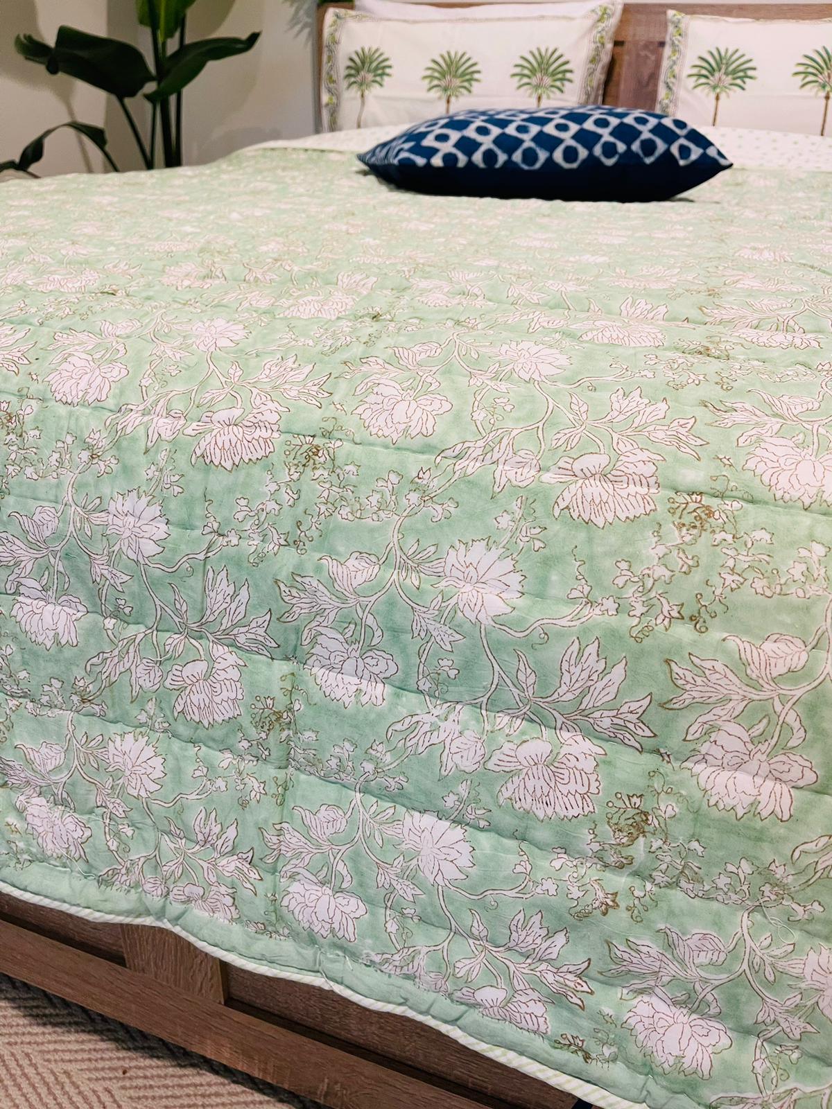 Green Floral Cotton Filled Quilt/Bedspread Hand Block Print - Rooii by Tuvisha