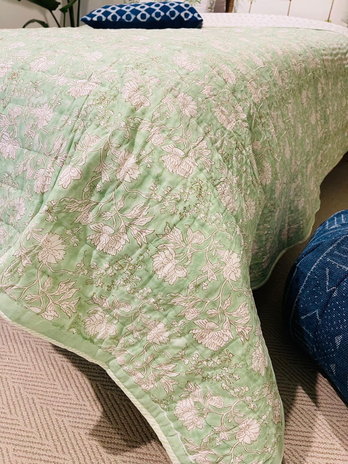 Green Floral Cotton Filled Quilt/Bedspread Hand Block Print - Rooii by Tuvisha