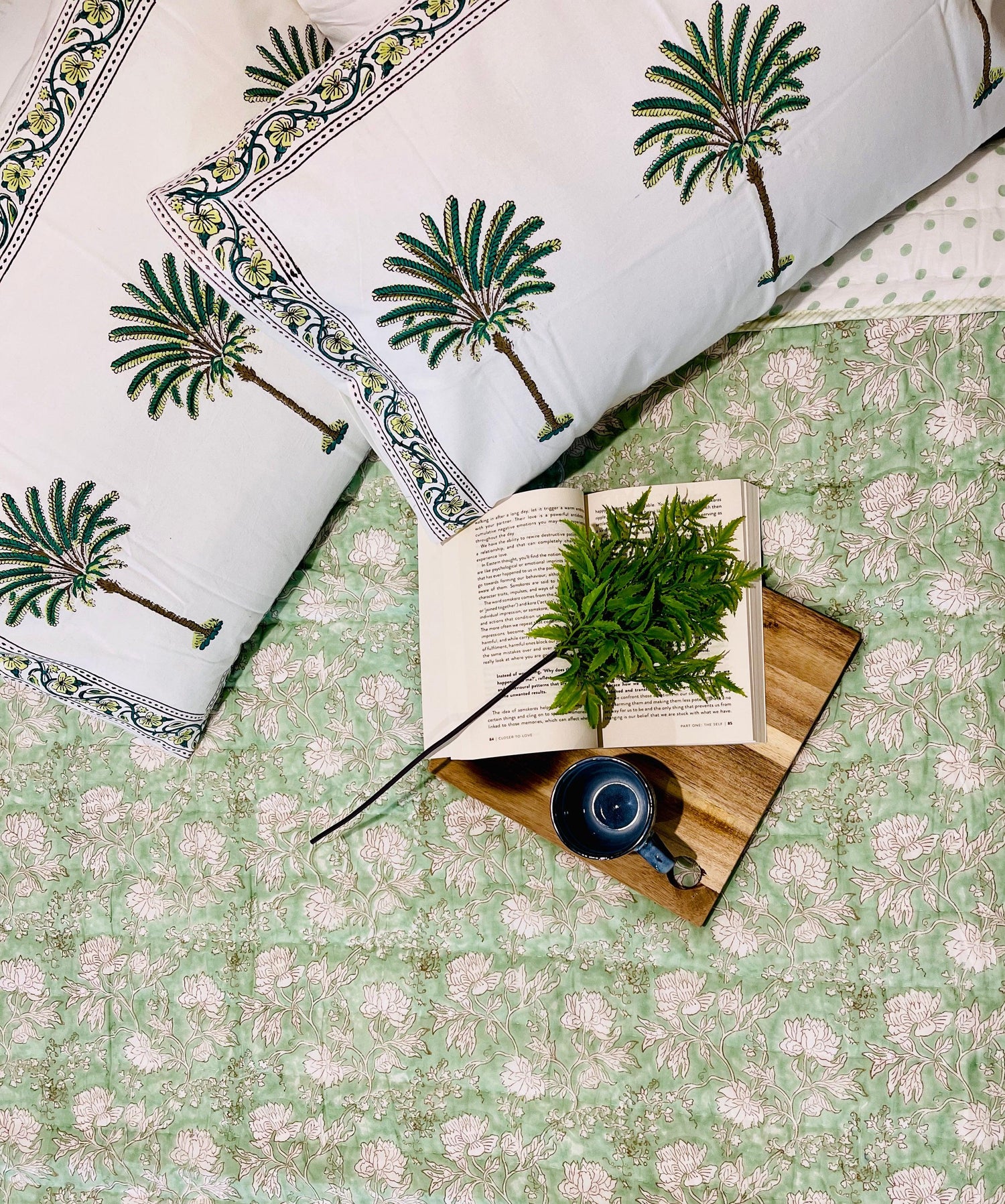 Green Floral Cotton Filled Quilt/Bedspread Hand Block Print - Rooii by Tuvisha