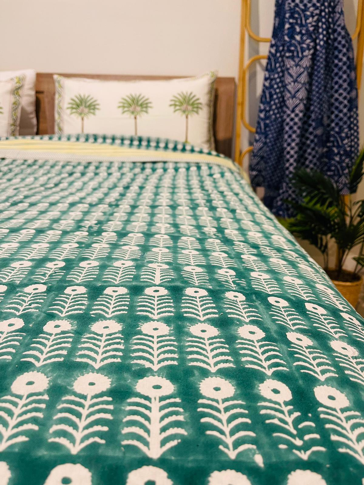 Green Floral Cotton Quilt cover Hand Block print - Rooii by Tuvisha