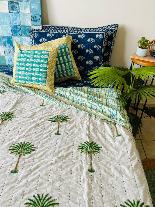 Green Palm Tree Cotton Kantha Quilt/Bedspread/Coverlet - Rooii by Tuvisha