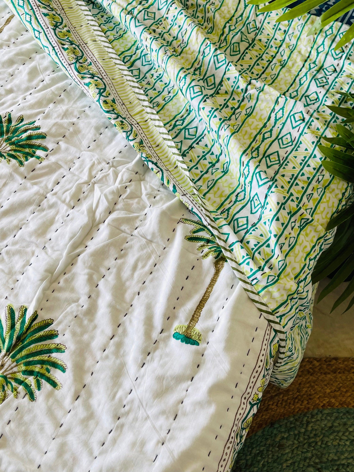 Green Palm Tree Cotton Kantha Quilt/Bedspread/Coverlet - Rooii by Tuvisha