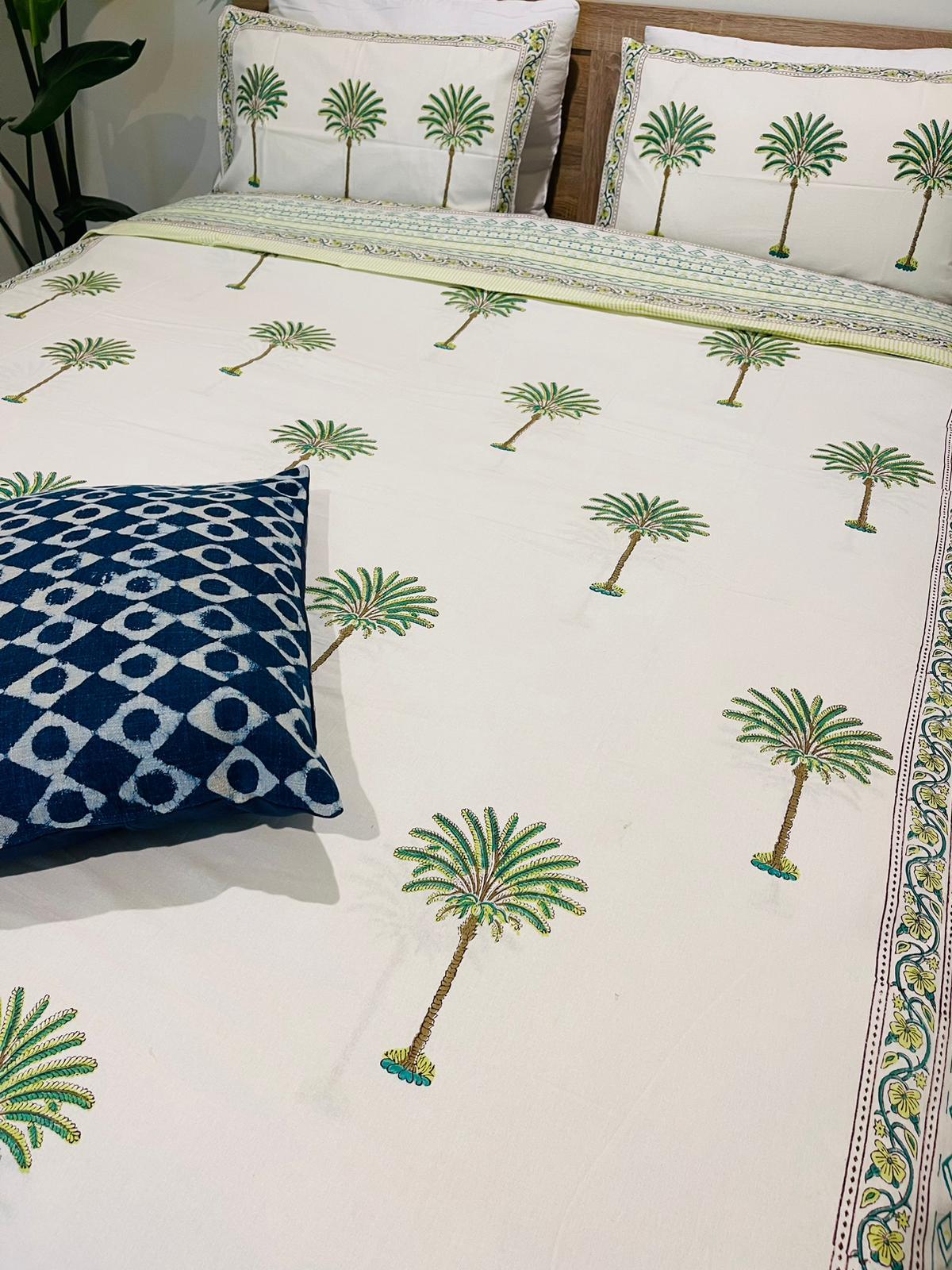 Green Palm tree Cotton Quilt cover Hand block print - Rooii by Tuvisha