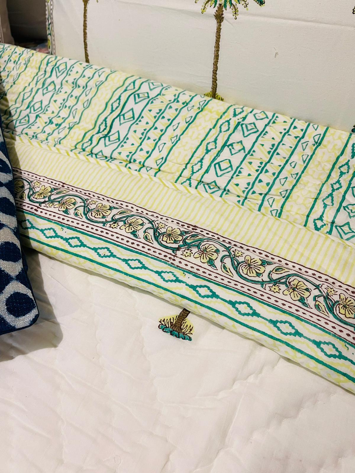 Palm tree Cotton Quilt/Bedspread Green Hand block print - Rooii by Tuvisha
