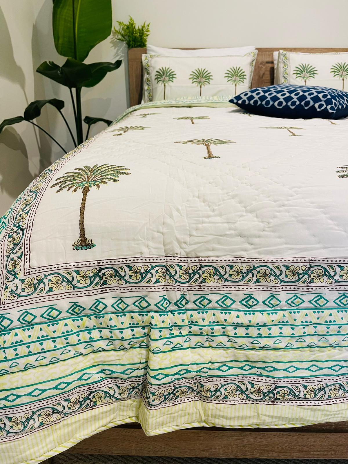 Palm tree Cotton Quilt/Bedspread Green Hand block print - Rooii by Tuvisha