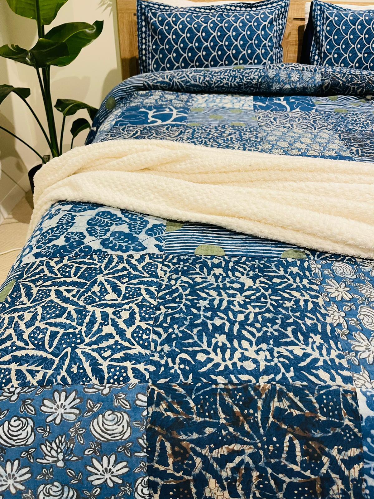 Indigo Patchwork Cotton Filled Quilt/Bedspread Hand Block print - Rooii by Tuvisha