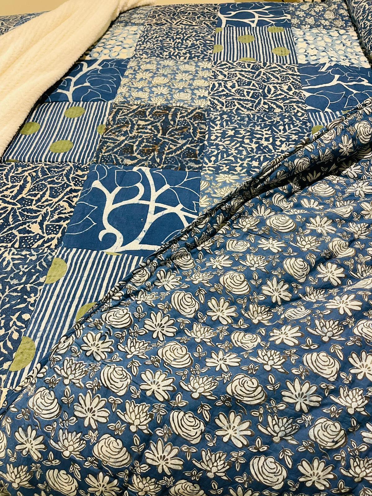 Indigo Patchwork Cotton Filled Quilt/Bedspread Hand Block print - Rooii by Tuvisha