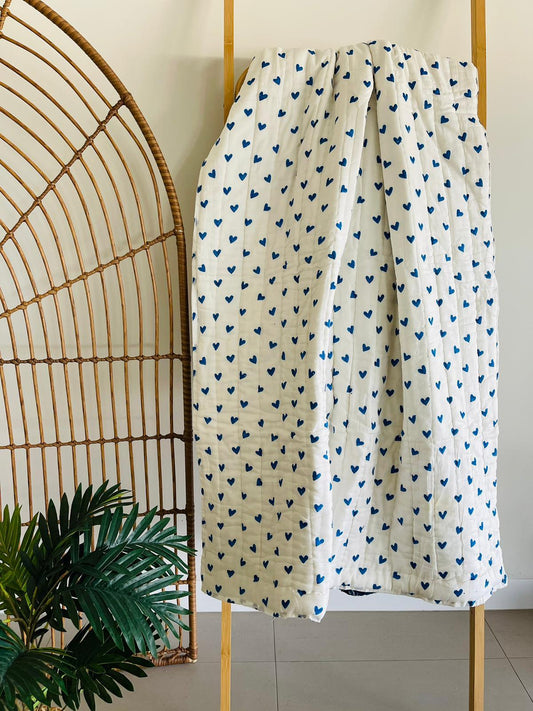 Kids Blue hearts Cotton Quilt Hand Block print - Rooii by Tuvisha