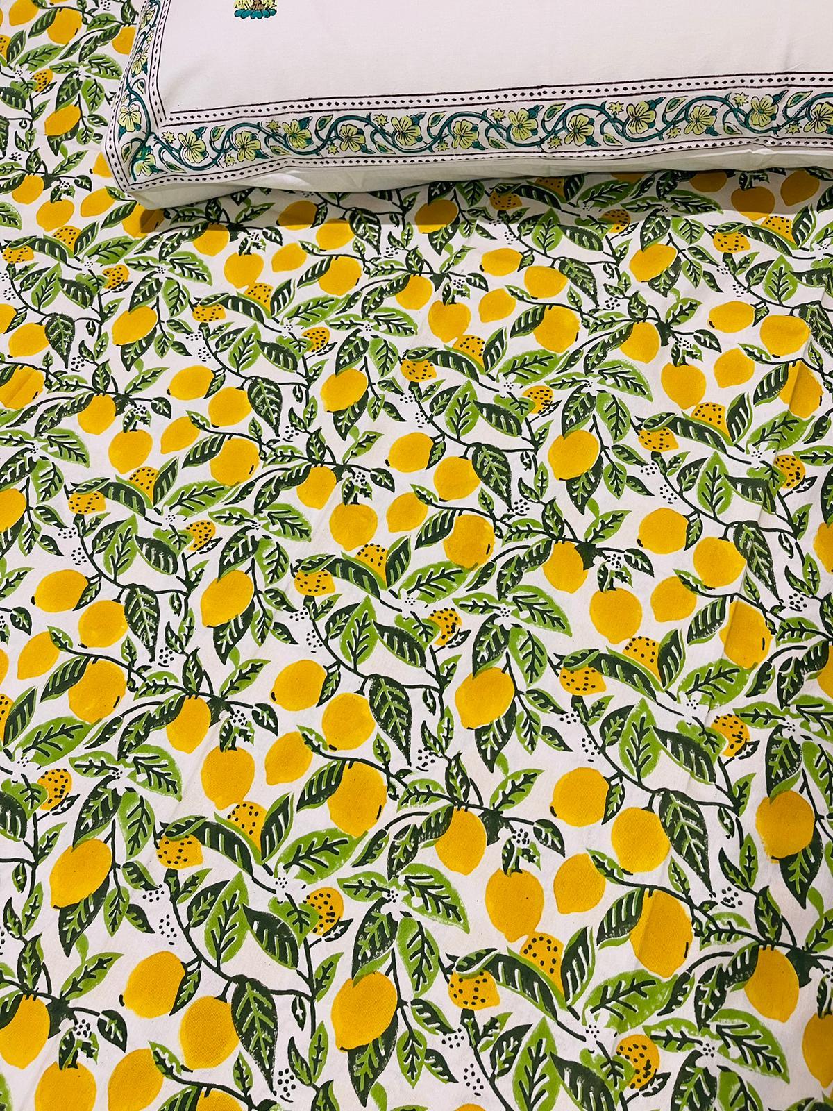 Lemon Cotton Flat sheet/Bedsheet Hand Block print Queen size - Rooii by Tuvisha