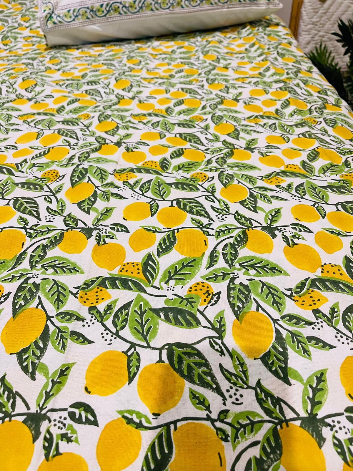 Lemon Cotton Flat sheet/Bedsheet Hand Block print Queen size - Rooii by Tuvisha