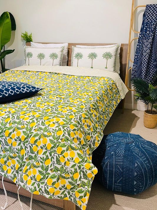 Lemon Cotton Quilt cover Hand block print - Rooii by Tuvisha