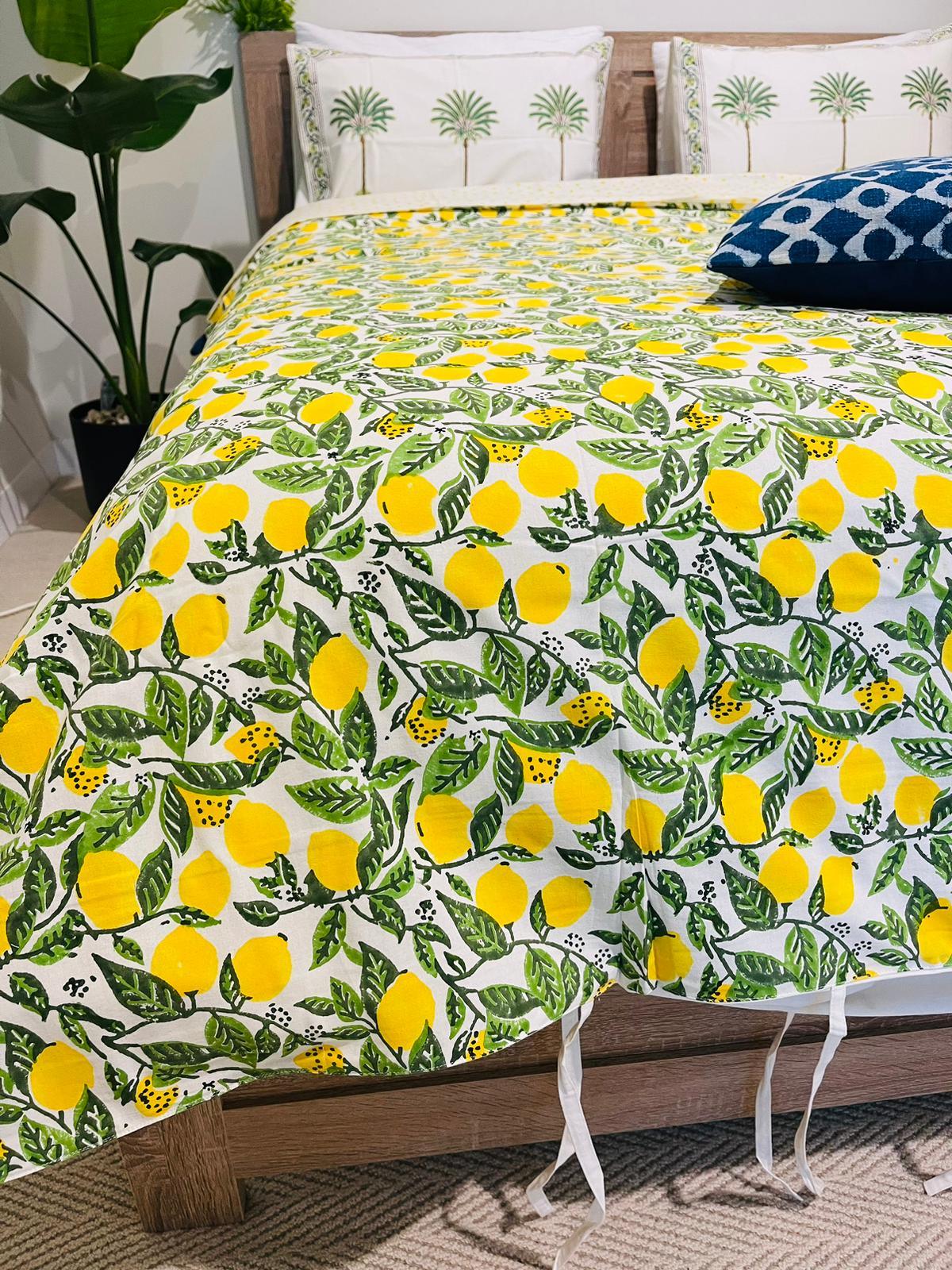 Lemon Cotton Quilt cover Hand block print - Rooii by Tuvisha