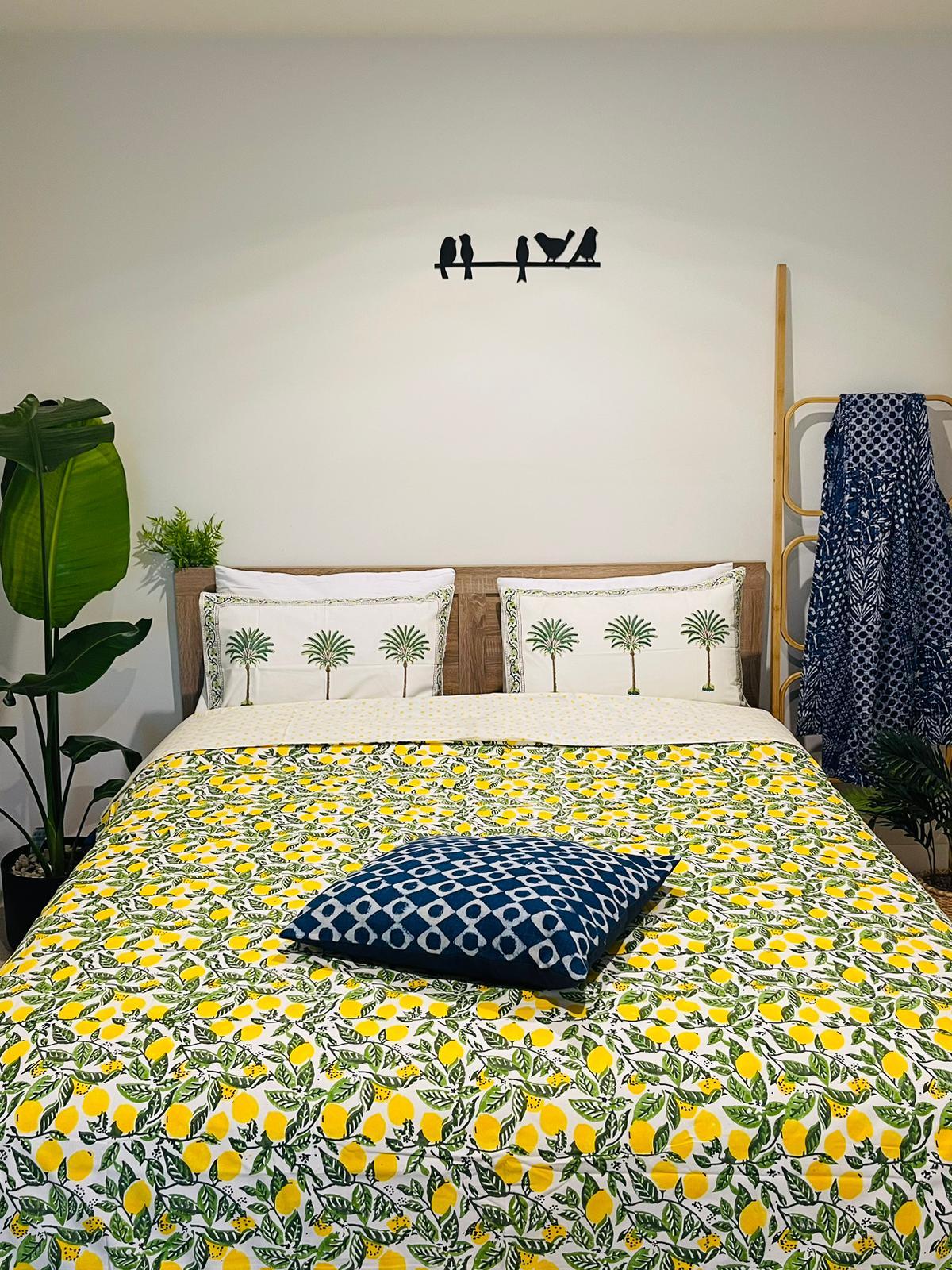 Lemon Cotton Quilt cover Hand block print - Rooii by Tuvisha