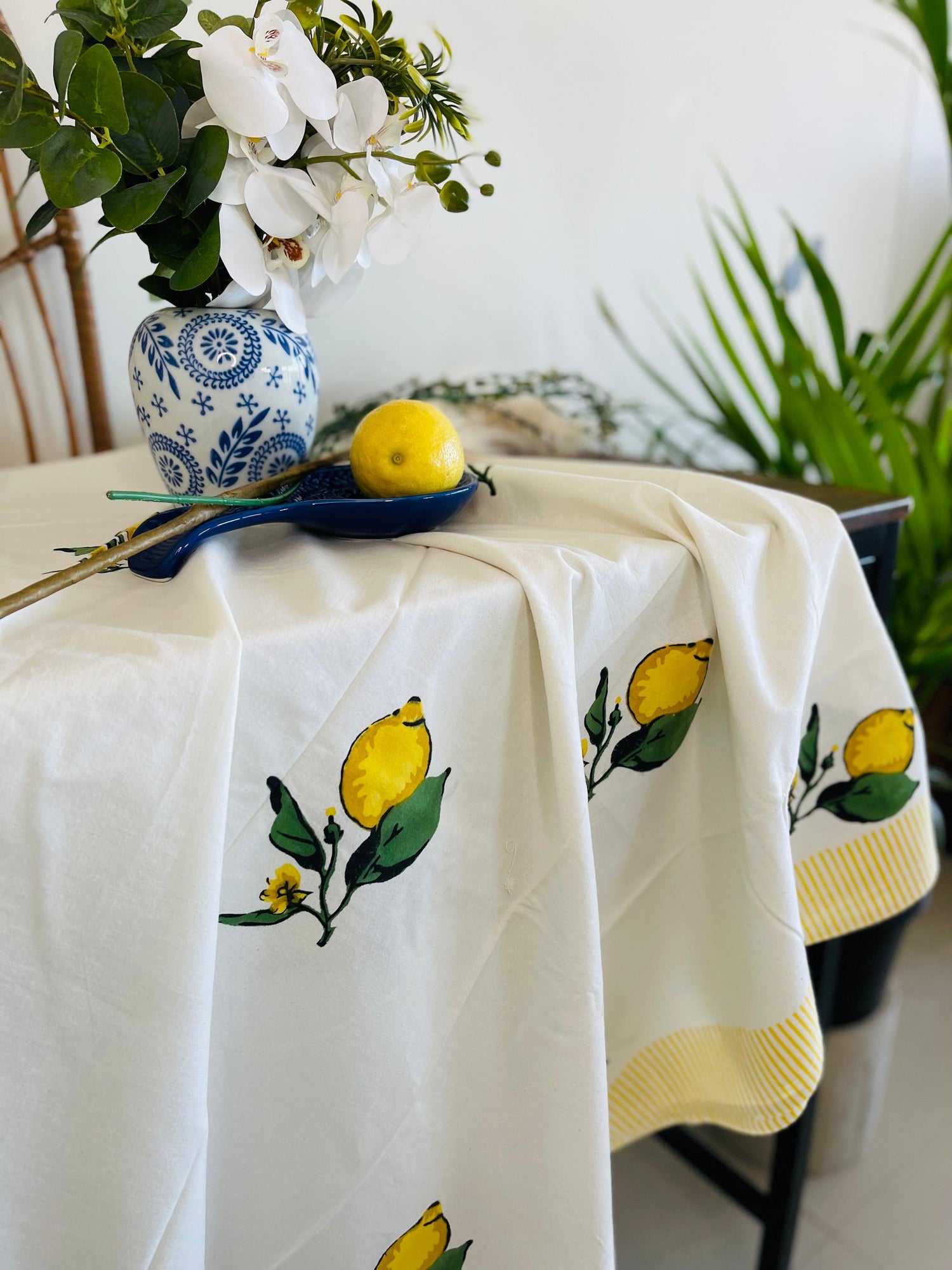 Cotton Table cloth - Lemon Hand block Printed Cotton Table cloth - Rooii by Tuvisha