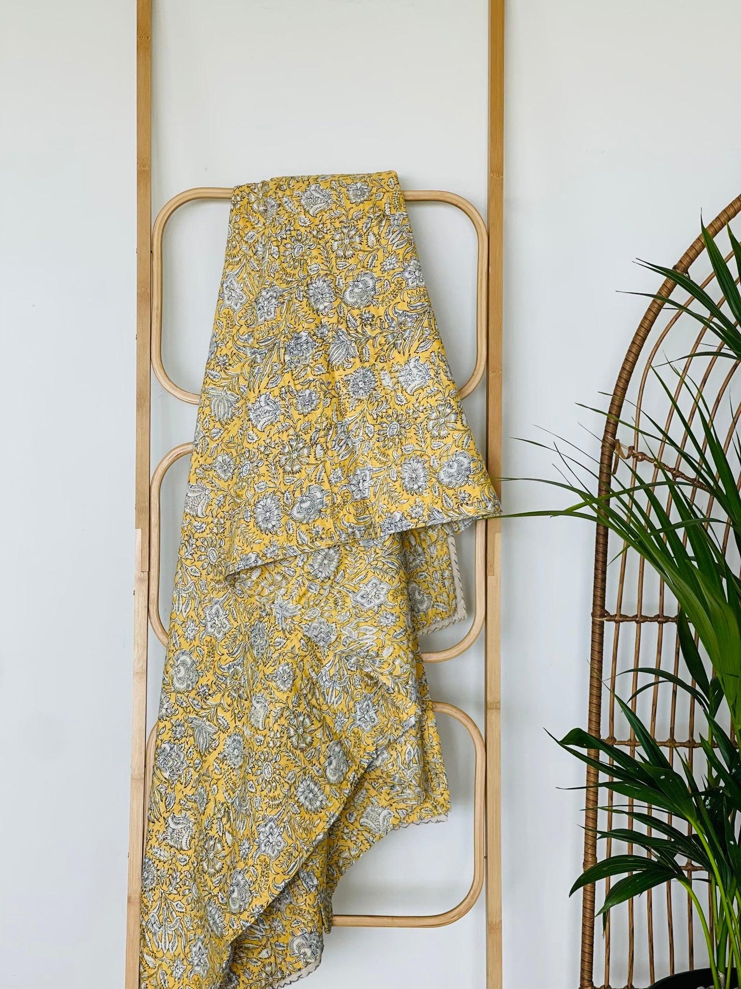 Mustard Floral Cotton Kantha Quilt: Artisan Crafted Bedspread & Blanket - Rooii by Tuvisha