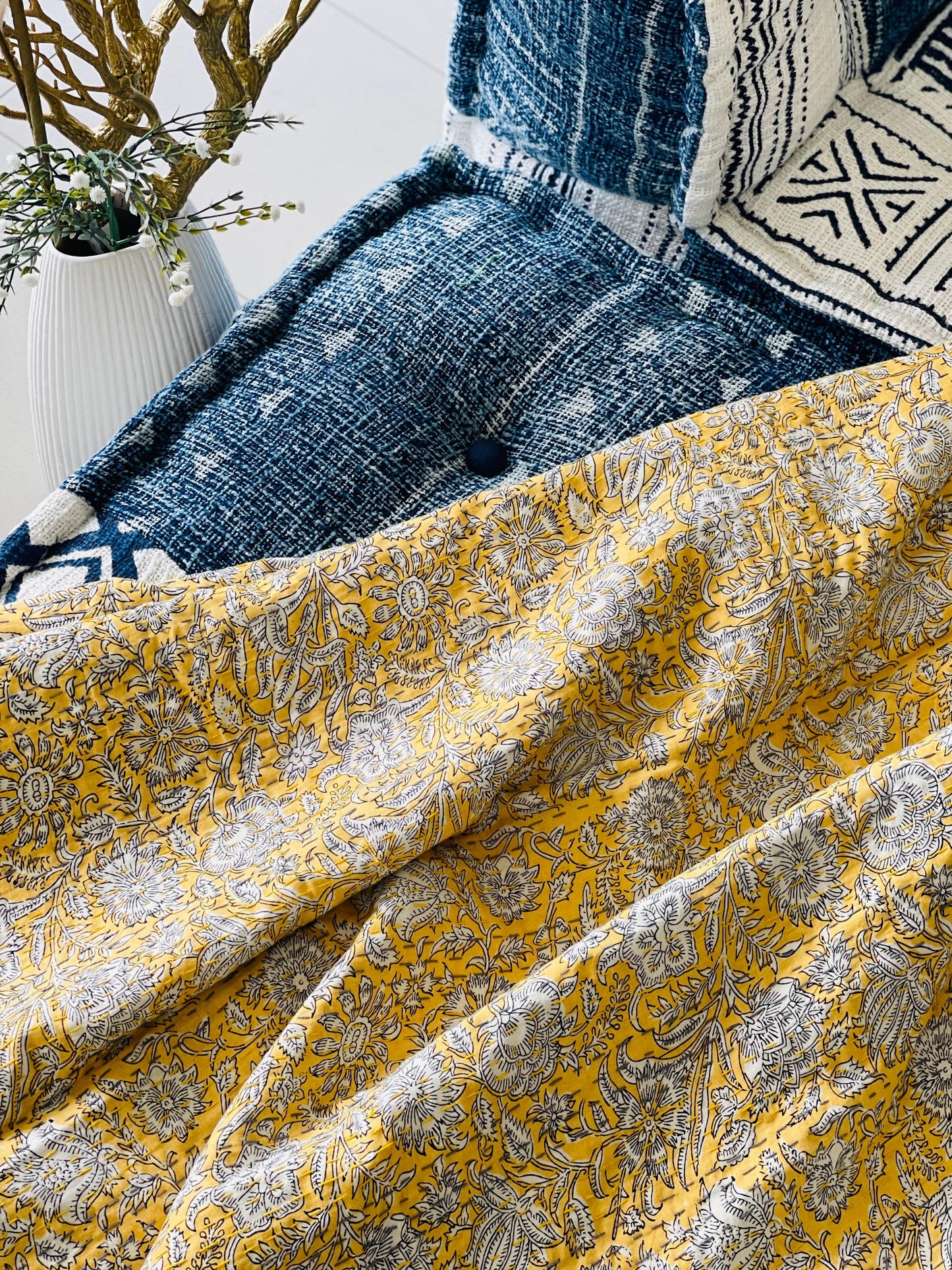 Mustard Floral Cotton Kantha Quilt: Artisan Crafted Bedspread & Blanket - Rooii by Tuvisha