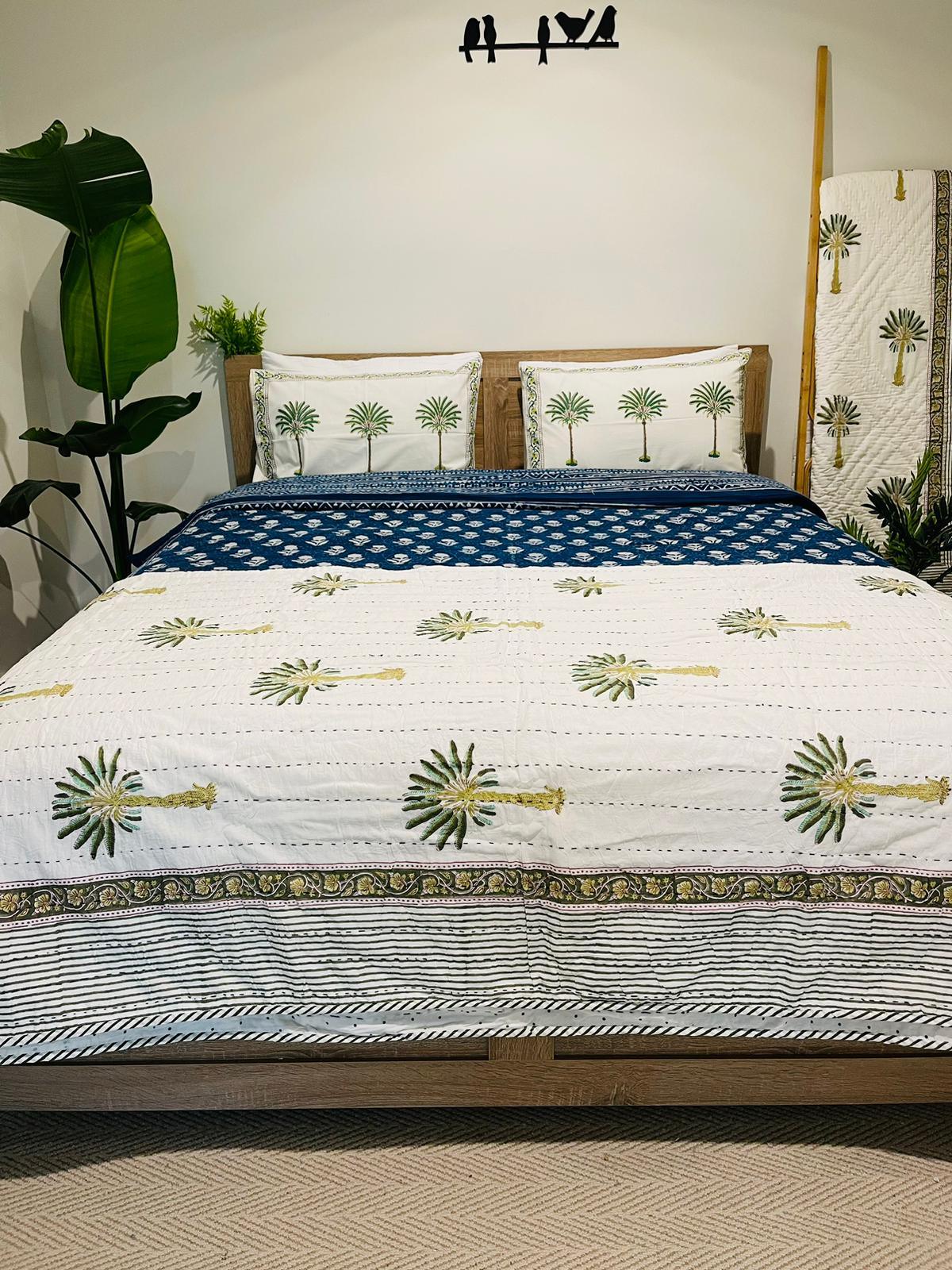 Palm tree Cotton Kantha Quilt/Bedspread/Coverlet - Rooii by Tuvisha