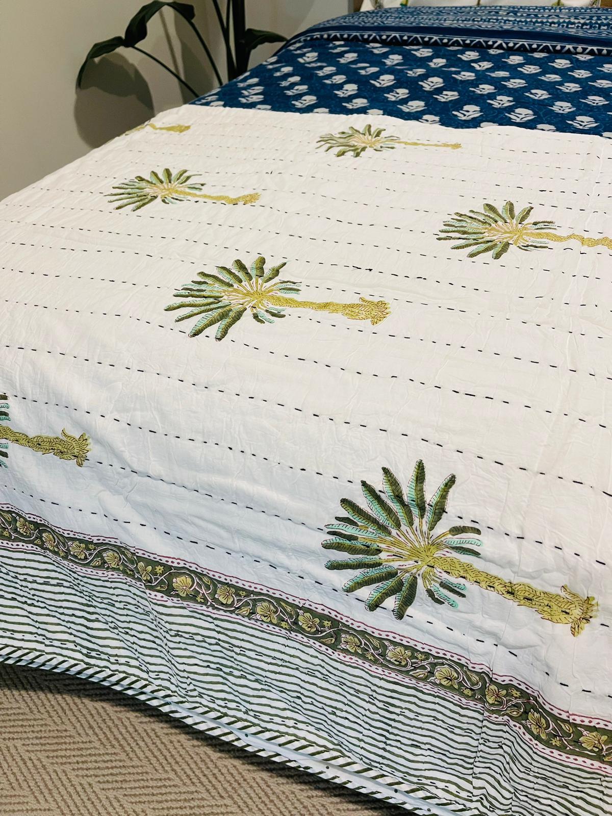 Palm tree Cotton Kantha Quilt/Bedspread/Coverlet - Rooii by Tuvisha