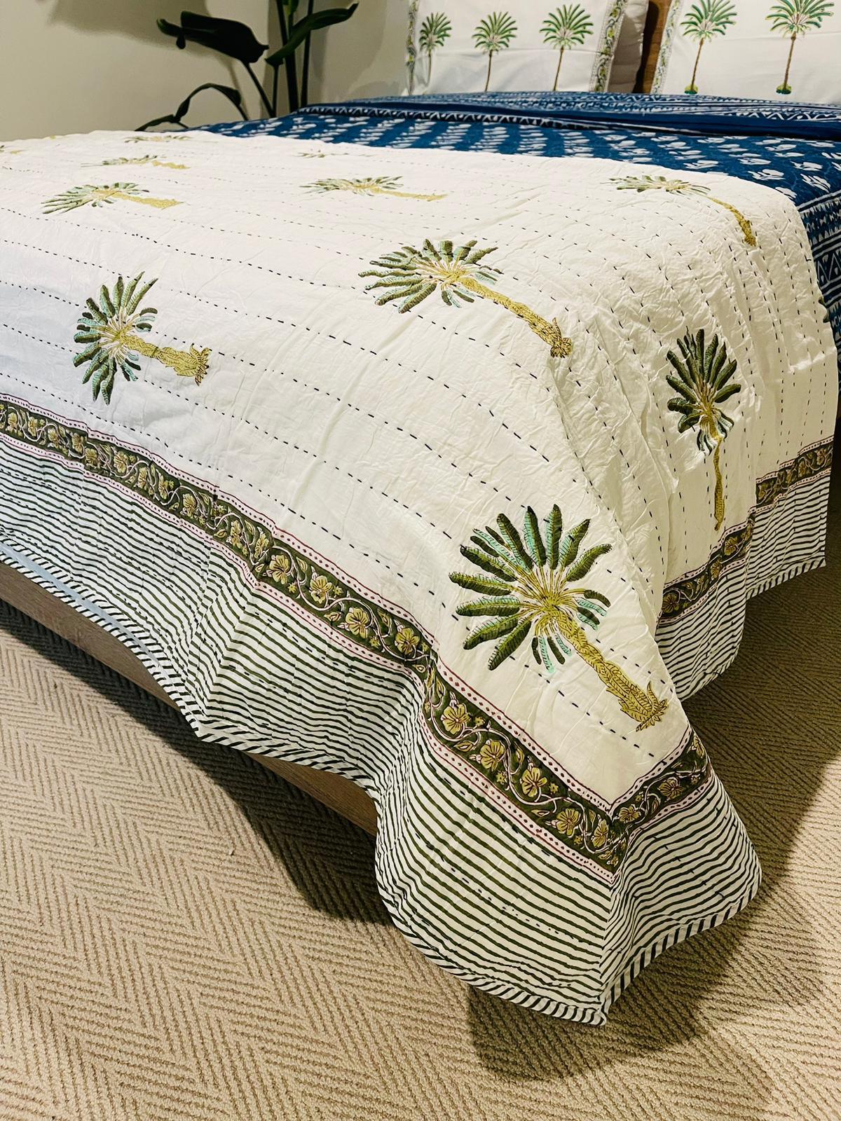 Palm tree Cotton Kantha Quilt/Bedspread/Coverlet - Rooii by Tuvisha