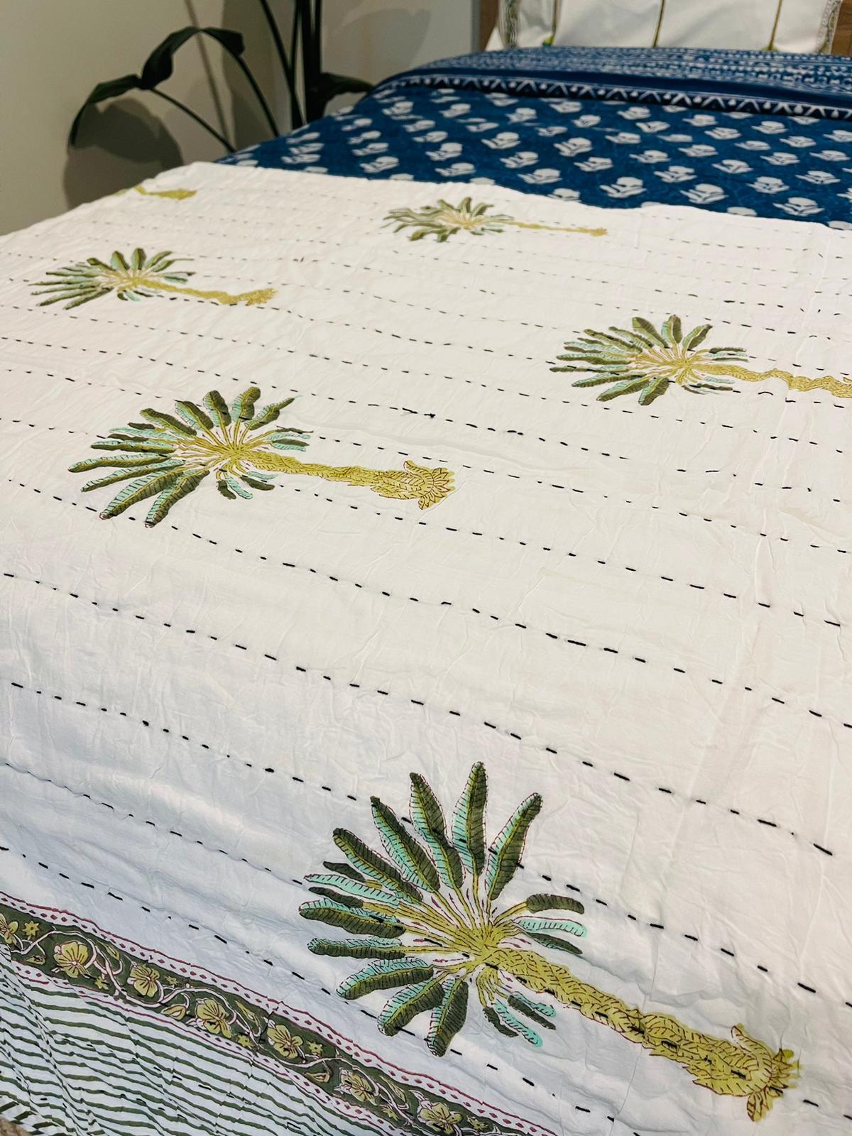 Palm tree Cotton Kantha Quilt/Bedspread/Coverlet - Rooii by Tuvisha