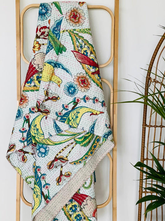 Peacock Floral Cotton Kantha Quilt: Artisan Crafted Bedspread & Blanket - Rooii by Tuvisha