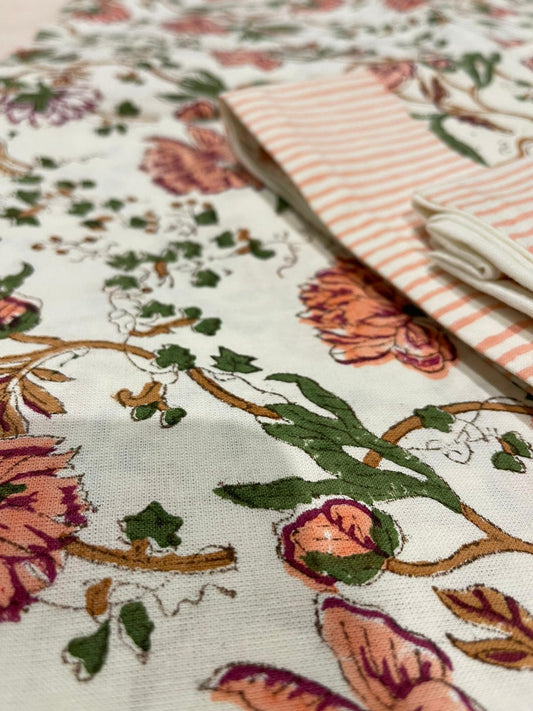 Pink Floral Cotton Flat sheet/Bed sheet Hand Block print - Rooii by Tuvisha